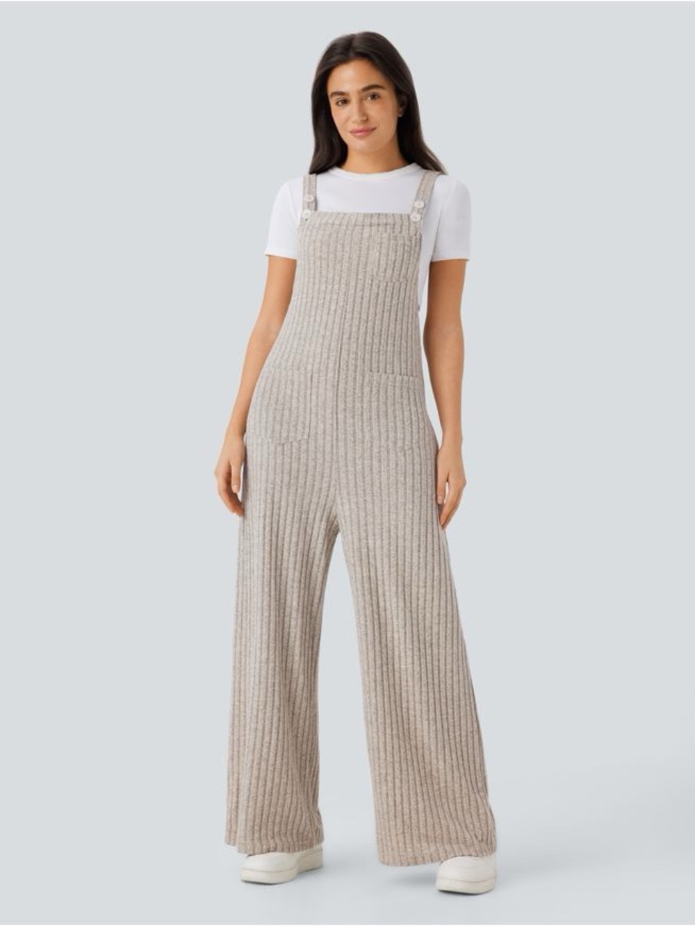 HALARA Beige and Cream Ribbed Knit Overalls